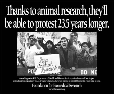 People protesting animal research with the caption: Thanks to animal research, they'll be able to protest 23.5 years longer.